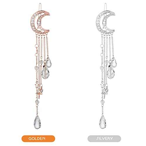 Beaupretty 4Pcs Moon Star hair clips Rhinestone Barrettes with Beads Tassel Hair charms Jewelry for Women Girl Silver Golden