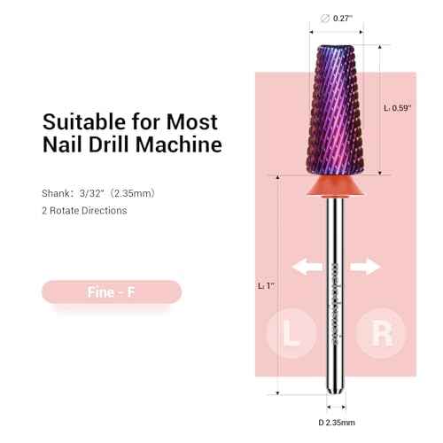 MelodySusie Professional 5 in 1 Nail Drill Bits, 3/32'' Carbide Tungsten Multi-function, Suitable for Manicure Pedicure Cuticle Gel Polishing, Purple, Fine