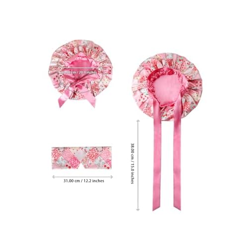 Double Layer Satin Hair Bonnet with Eye Mask Silk Sleep Cap with Tie Head Wrap for Curly Natural Hair Pink Strawberry