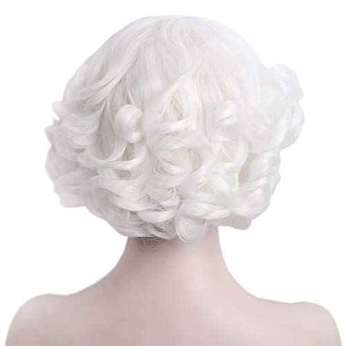 White Short Curly Womens Wig Heat Resistant Synthetic Hair for old lady Halloween Christmas mrs Santa Anime Cosplay costume Daily Wig