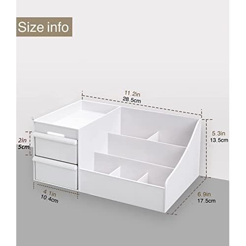 Makeup Desk Organizer with Drawers, Countertop Organizer for Cosmetics, Vanity Holder for Lipstick, Brushes, Lotions, Eyeshadow, Nail Polish and Jewelry (White)