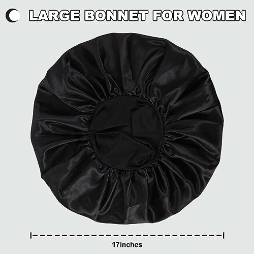 Extra Large Satin Bonnet Hair Cap, 17inches Silk Bonnet for Sleeping, Jumbo Silk Sleep Cap for Women Braids Curly Hair Locs 1Pcs (Black)