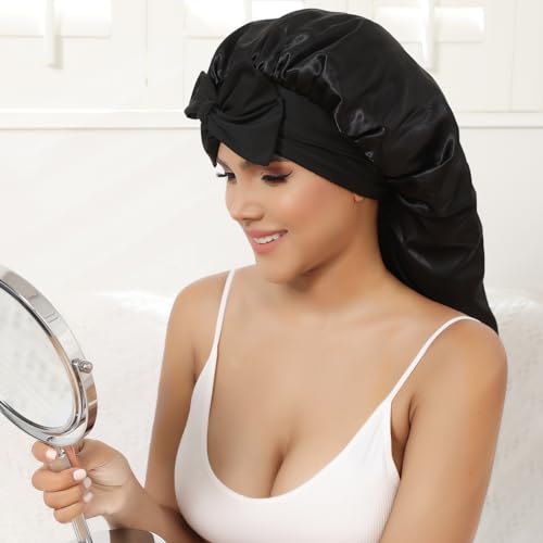 AWAYTR Long Satin Bonnet for Women - Double Layer Elastic Silk Bonnet for Braids Hair Sleeping Cap with Tie Band (Black)