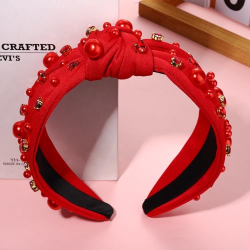 Valentines Day Headband for Women Red Heart Knotted Pearl Rhinestone Jeweled Hairband Fashion Valentine Holiday Wide Head Band Hair Accessories Gifts (red knot hairband)