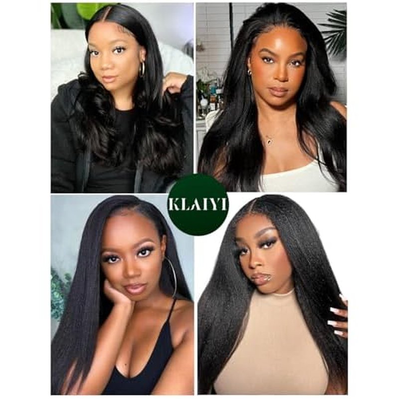KLAIYI Yaki Straight Bundles Human Hair Weaves Unprocessed Real Virgin Hair Sew In Extensions One Bundle Of 16Inch, 12A Kinky Straight Double Wefts for Women Cllip In Light Yaki Natural Black Color
