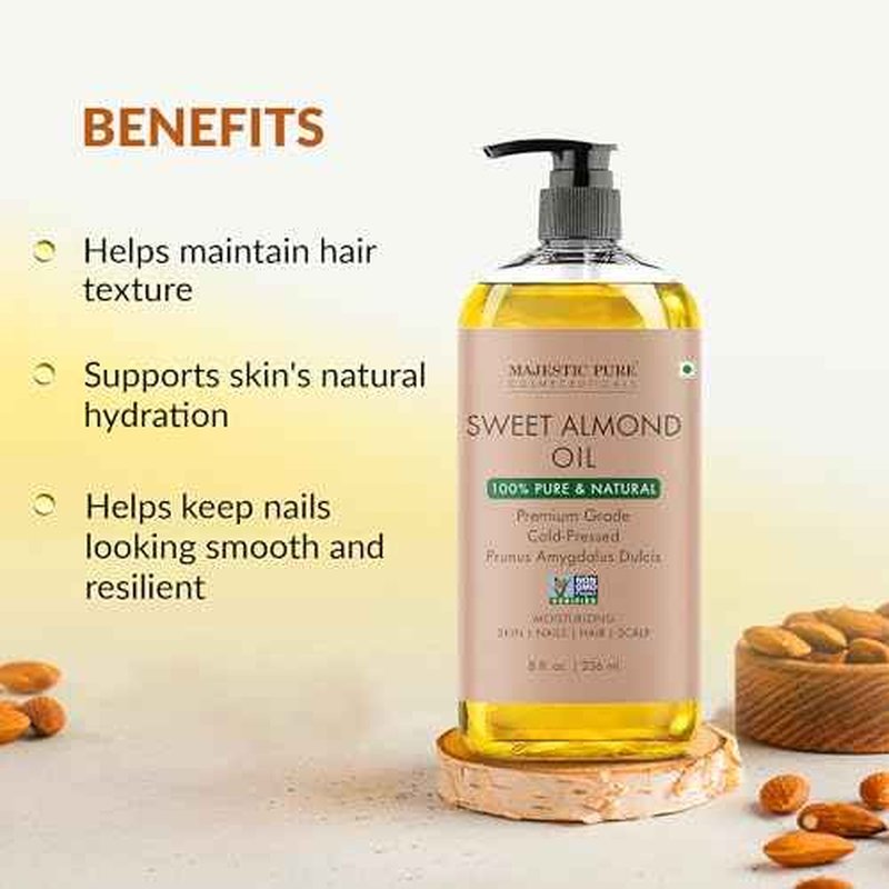 Majestic Pure Sweet Almond Oil - 100% Pure & Natural - Premium Grade, Cold-Pressed, Hexane-Free Carrier Oil for Skin, Hair and Body - Moisturizing Skin, Hair and Scalp - 8 Fl Oz