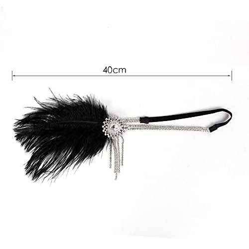 Flapper Headbands for Women 1920s Feather Headpiece Great Gatsby Roaring 20s Hair Accessories Crystal Elastic Rhinestone (Black)
