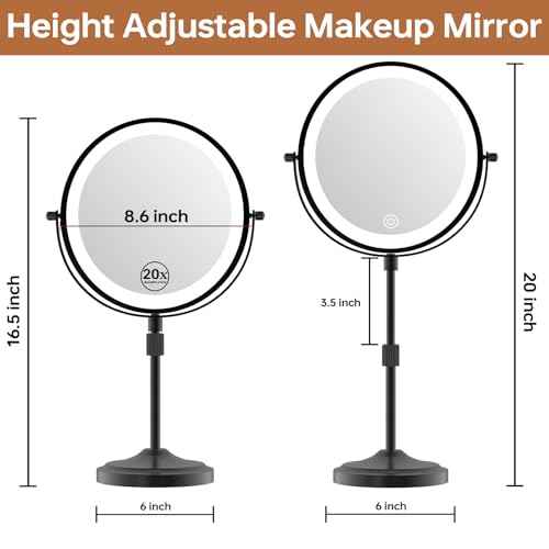 9" Magnifying Mirror with Lights 20X, Height Adjustable Lighted Makeup Mirror with Magnification, 5000mAh Rechargeable Battery, Dimmable, 3 Lighting Colors, Black