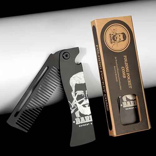 Metal Hair Styling & Beard & Mustache Folding Pocket Comb, Multifunctional EDC Grooming Tool With Bottle Opener - Anti-Static for Outdool Travel & Daily Grooming - Black
