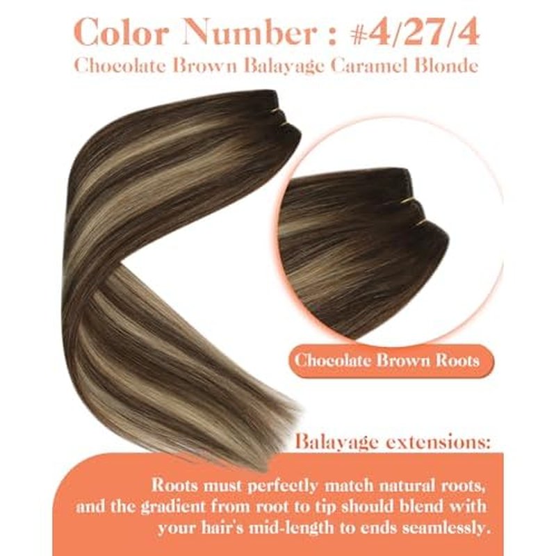 Sunny Hair Beaded Weft Hair Extensions Human Hair Balayage Micro Weft Human Hair Extensions 16inch Invisible Micro Wefts Real Hair Extension Chocolate Brown Roots to Caramel Blonde Mix Brown 50g