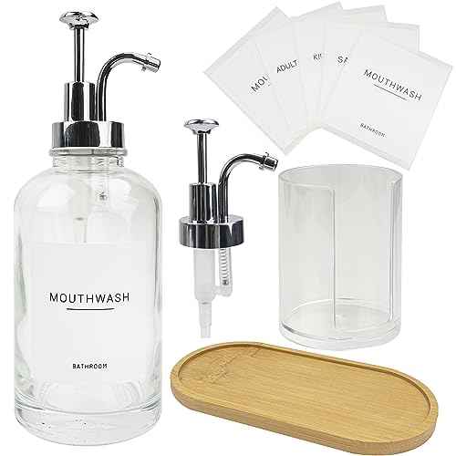 17OZ Mouthwash Clear Glass Pump Dispenser with Disposable Mouthwash Cups Holder Refillable Clear Container with Bamboo Tray, Mouthwash Labels