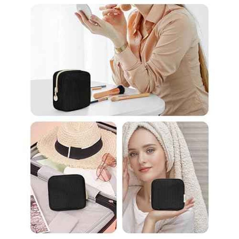 Wandering Nature Small Makeup Bag for Purse Mini Make up Pouch Cute Cosmetic Pouch for Women with Slip-in Pockets Corduroy, Black