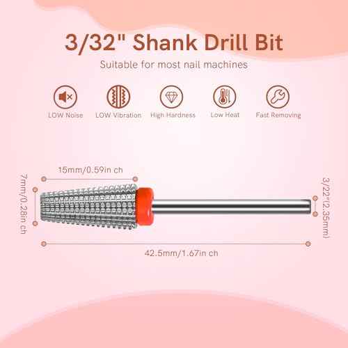 Tungsten Nail Drill Bit, 5 in 1 Carbide Tapered, 3/32" Shank, Two Way Rotate Use, for Nails Fast Removing Acrylic Nail Hard Gels Cuticle Nail Efile Bit for Nail Drill Machine (Fine, Silver)