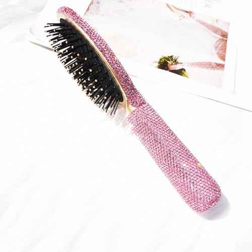 1 Pack Rhinestone Hair Brush Detangling Bling Detangle Massage Sparkle Compact Comb Crystal Air Cushion for Women Wet Dry (All Pink-Round)