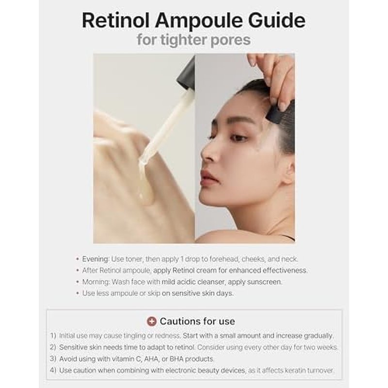 Retinol Ampoule - Korean Retinol Vitamin A Face Serum - Pore Tightening & Refinement Night Skincare - Dermatologically Tested, Vegan Formula, 1.01 fl.oz.