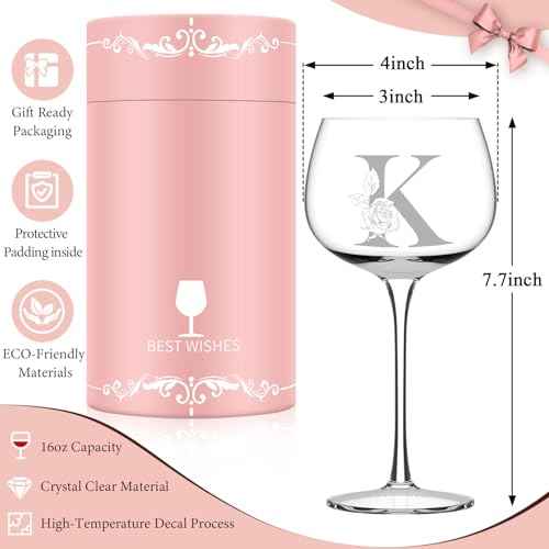 Personalized Gifts for Women, Monogrammed A-Z Wine Glass Customized Gift, Unique Christmas Birthday Gifts for Women Her Mom Friend Sister Wife Daughter Nurse (K)