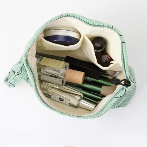 Small Cosmetic Bag set for Women Corduroy Makeup Bag with Interior Pocketes Cute Corduroy Makeup Pouches Women Small Toiletry Bag (Green Smile)