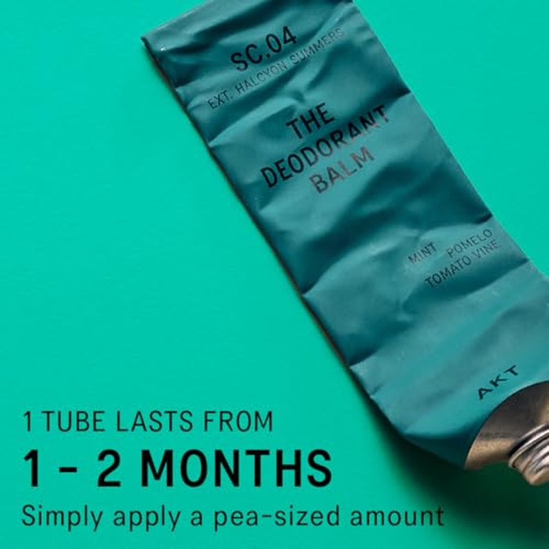 AKT, THE DEODORANT BALM. Award winning, multi-use, natural deodorant. Plastic Free. Gender Free. Aluminium Free. 100% effective ? 1 tube lasts up to 3 months. SC.04 HALCYON SUMMERS. 50ml/1.76 FL.OZ
