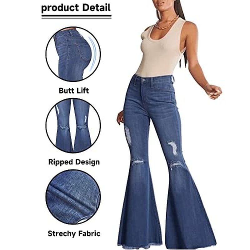 Women's Fashion Bell Bottom Pants High Waist Tassel Stretch Curvy Fit Jeans Blue