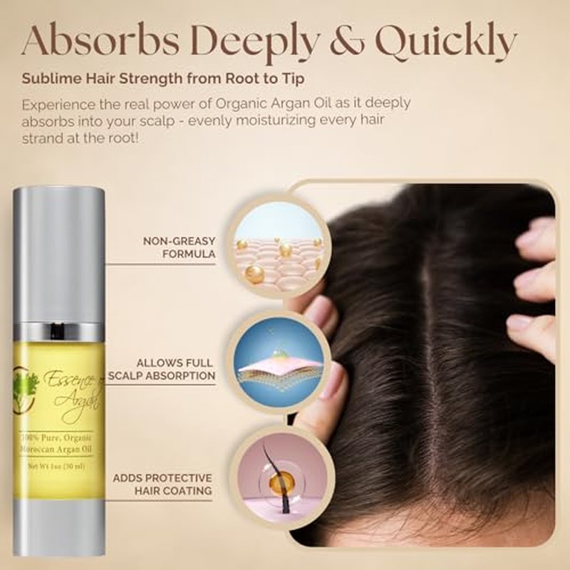 Essence Of Argan Moroccan Argan Oil for Hair, Skin & Nails - Natural Eco-Certified Cold Pressed Oil for Skin Moisturization - Non-Greasy Formula for Hair and Nail Growth - 1 Oz /30ml