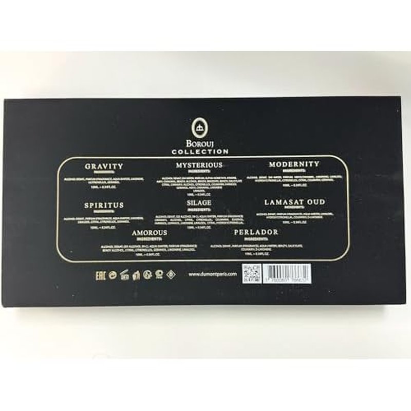 Dumont Borouj 8 Piece Discover Set For Women and Men (Perladore+Spiritus+ Mysterious+ Amorous+ Gravity+ Lamasat Oud+ Modernity +Silage) 10 ml each