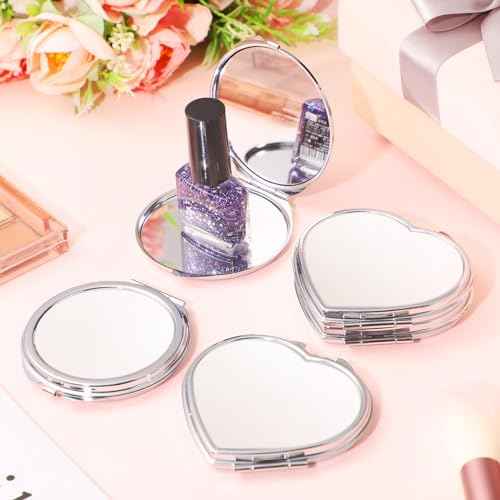 Jetec 6 Pcs Sublimation Blanks Products Small Compact Mirror Bulk Heat Transfer Folding Pocket Makeup Mirror Heart Round Double Sided Handheld Mirror Sublimation Mirror for Women Gift Purse Travel
