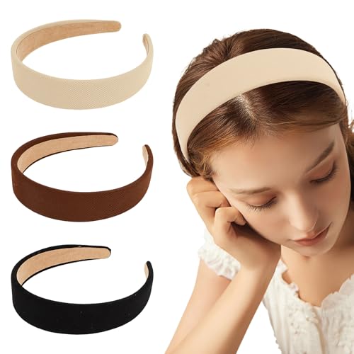 CURASA Headbands For Women Girls 3PCS Non Slip Satin Headbands Trendy Black White Head Bands Brown Neutral Hair Elastics Comfortable Wide Head Bands Stretchy Hairbands Plain Solid Hair Accessories