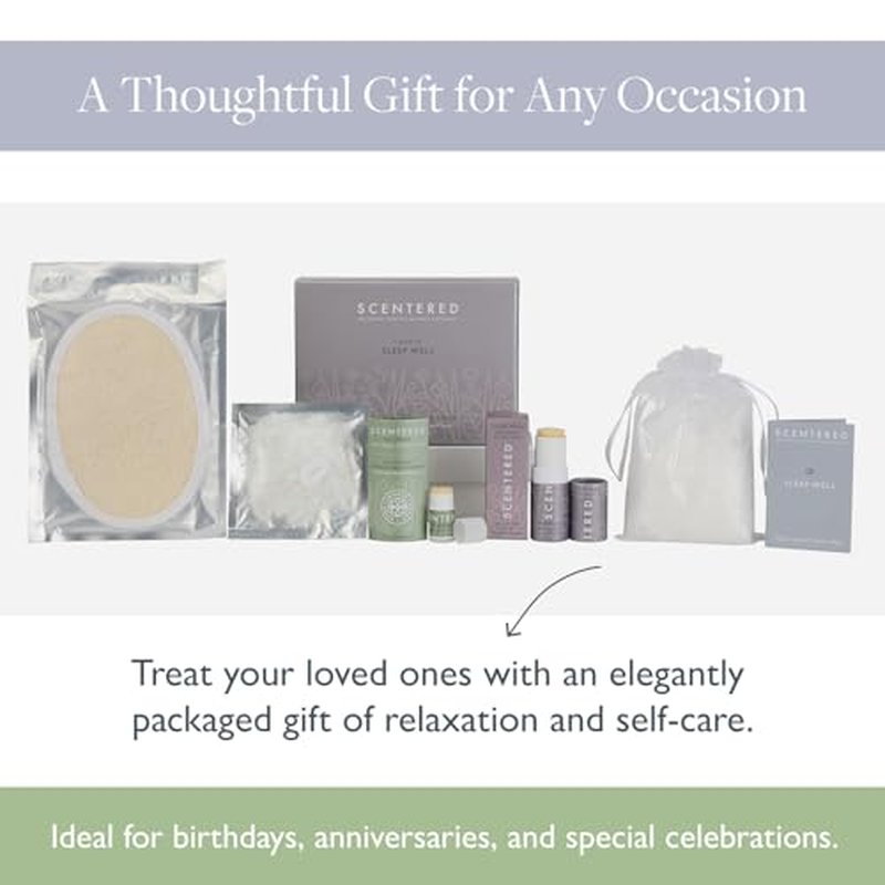 Scentered Prepare for a Great Night's Sleep Bath Set - Bath Salts, Aromatherapy Balms, Body Loofah, Hair Tie & Shower Cap - Relaxing Bath Set for Restful Sleep - Mother's Day Gift Ideas