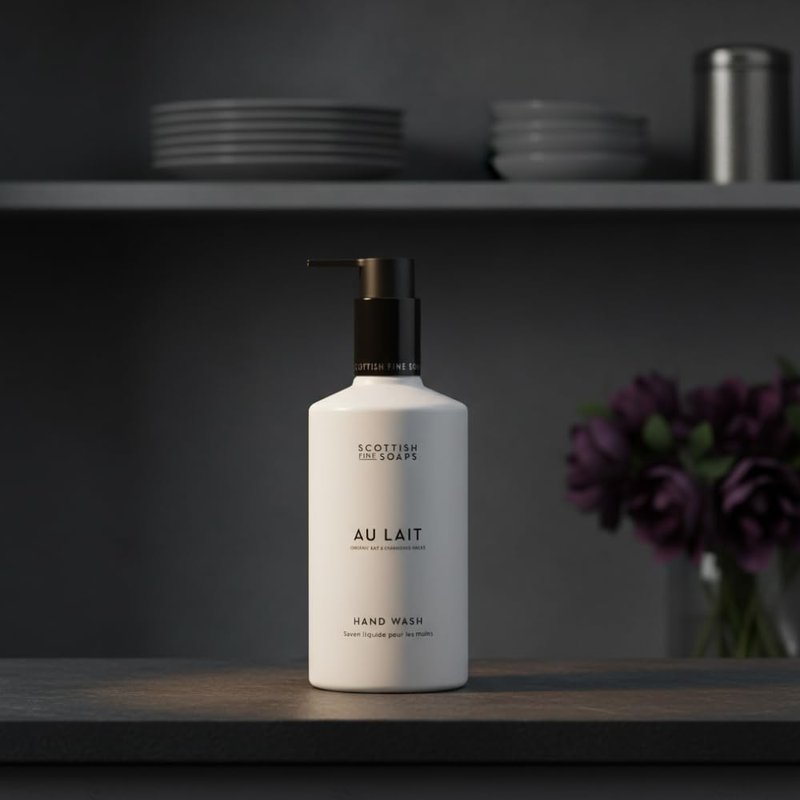 Scottish Fine Soaps Au Lait Hand Wash, White, Vegan Friendly, Creamy Fresh Scent with Chocolate, Coconut, Milk, Sandalwood, Violet Notes, 300ml