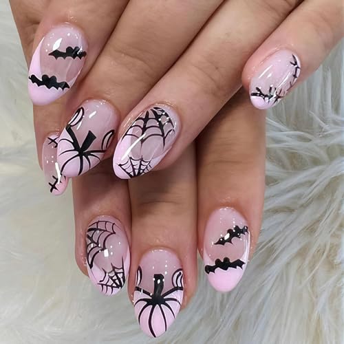 24Pcs Halloween Press on Nails Almond Short Pink French Tip Fake Nails Cute Pumpkin Bat False Nail with Designs Full Cover Spider Web Glue on Nails Reusable Artificial Nail for Women DIY Manicure