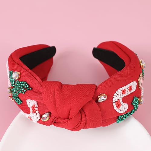 Christmas Jeweled Headbands for Women Girls Festive Christmas Hair Accessories Beaded Candy Cane Xmas Knotted Headband Embellished Wide Top Knot Hairband Holiday Gifts