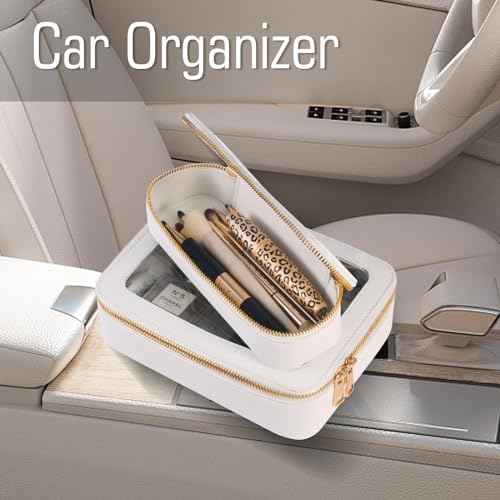 Small Clear Makeup Bag Toiletry Bag Cosmetic Bag and Makeup Brush Holder,Waterproof Makeup Pouch Travel Bag Organizer Case with Zipper for Women Toiletries and Car Organizer