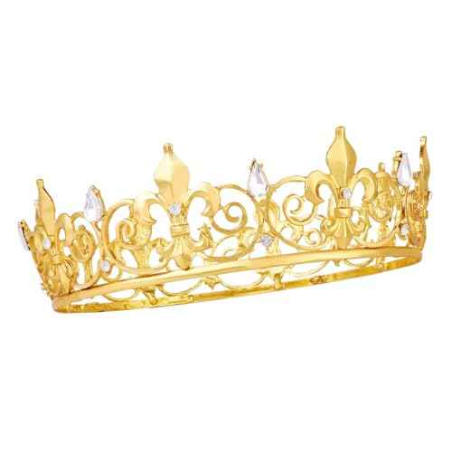 King Crown for Men - Vofler Gold Prince Mens Kings Queen Costume Crowns Royal Medieval Fleur De Lis Metal Headband Cake Topper for Adult Boy Bachelor Homecoming Birthday Prom Halloween Party Golden