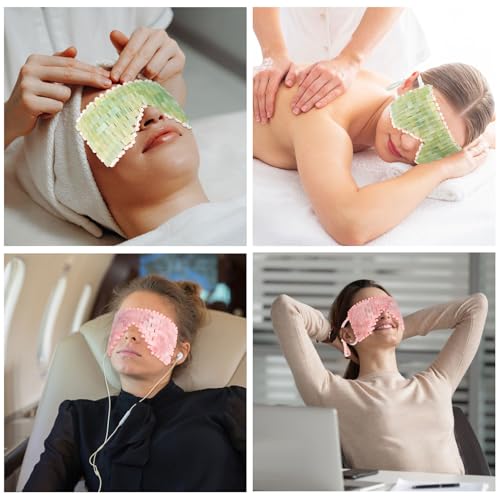 Natural Jade Eye Mask and Rose Quartz Eye Mask Set - Soothing & Relaxing Alleviate Puffiness and Migraines with Cooling and Warming Therapy (2 Pcs)