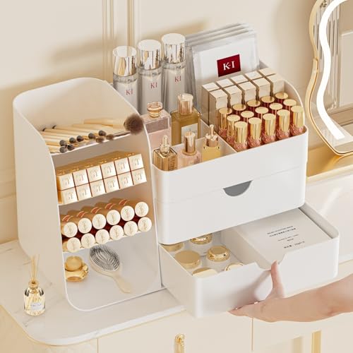 Makeup Organizer with Brush Holder for Vanity,Countertop Makeup Organizer with Drawers,Spacious Cosmetic Display Case,Perfect Storage Solution for Your Beauty Essential