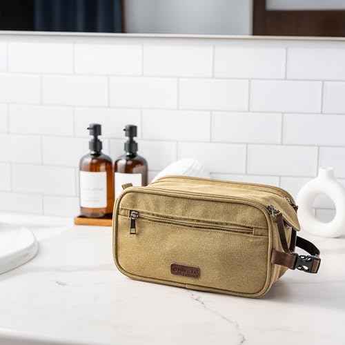 PAVILIA Toiletry Bag for Men, Canvas Travel Dopp Kit, Water Resistant Hygiene Bag Toiletries Organizer, Shaving Kit Travel Accessories Bag, Tan Khaki