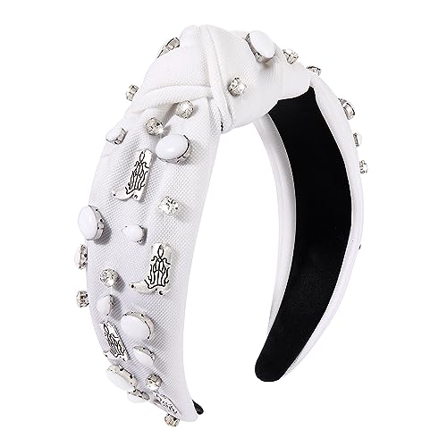 Crystal Knotted Headbands for Women Let's Go Girls Turquoise Cowgirl Boot Headband Rhinestone Embellished Top Knot Hairband Western Country Cowboy Shoe Wide Turban Hair Hoop (D White Cowgirl Boot)