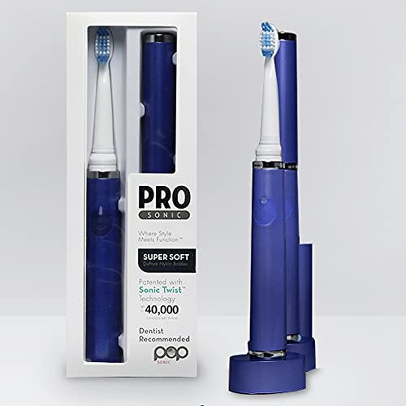Pop Sonic Ultimate Pro Rechargeable Toothbrush (Navy) - 40,000 Strokes/Min, Dupont Nylon Bristles, Quadrant Pacer & Timer for Teens & Adults