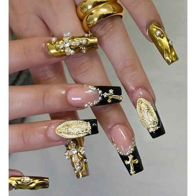 128PCS Gold Nail Charms Set with Rhinestones and Gems, Rose, Hearts, Cross and Virgin Mary - Y2K 3D Shiny Jewelry Nail Decorations Accessories Supplies