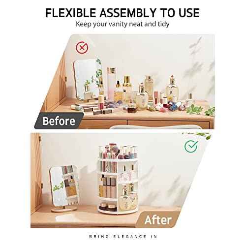 Syntus 360 Rotating Makeup Organizer, DIY Adjustable Bathroom Makeup Carousel Spinning Holder Rack, Large Capacity Cosmetics Storage Box Vanity Shelf Countertop, Fits Makeup Brushes, Lipsticks, White