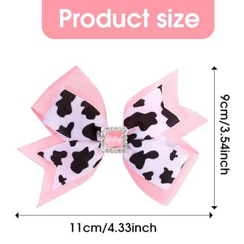 2 Pcs Pink Cow Hair Bow Clips, 4.3 Inch Animal Print Ribbon Bowknot Alligator Barrettes, Cute Print Hairpins Bows Barrettes for Cowgirls Theme Birthday Party Dress Outfit Costume Decor Accessories