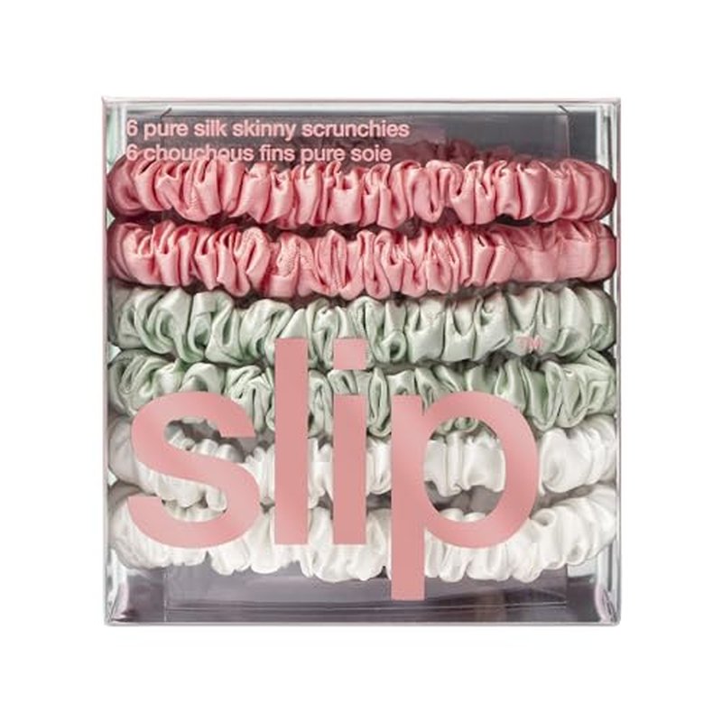 Bellerose Silk Skinny Scrunchies - 100% 22 Momme Mulberry Silk Hair-Friendly Elastic Set (6 Luxurious Scrunchies for Women)