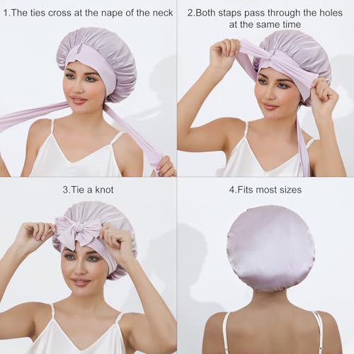 ZIMASILK 100% Mulberry Silk Bonnet for Sleeping Women Long Hair Double Layer Silk Hair Wrap with Tie Band Stay On Head (1Pc, Purple)