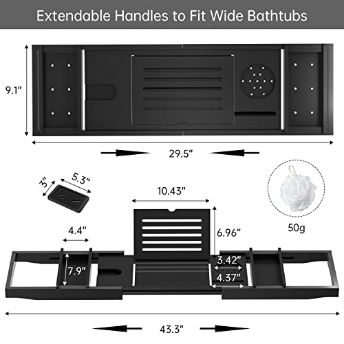 Bamboo Bathtub Tray for Luxury Bathroom, Expandable Premium Bath Tray w/Soap Towel Book Holder, Adjustable Bath Accessories for Tub,Extendable Tub Tray with Wine Glass Cup Organizer 29.5"-43.3" Black