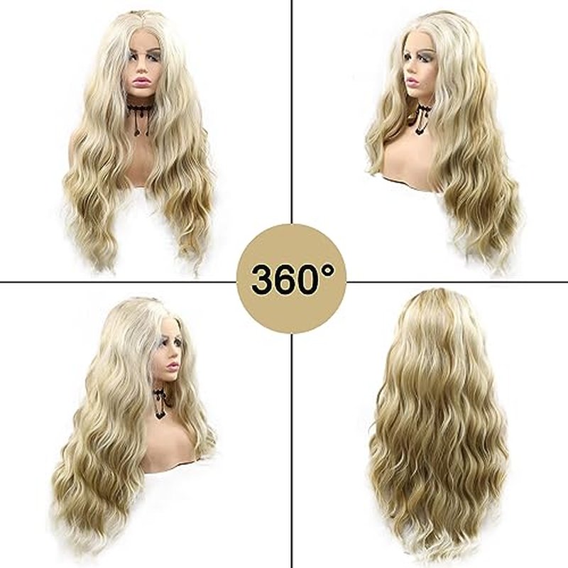 613 Lace Wig Blonde Curly Lace Front Wigs Brown Blonde Highlight Long Water Wave Synthetic Lace Front Wig Pre-plucked Hairline Glueless Wigs for Black Women Girls Daily Party 26 Inch