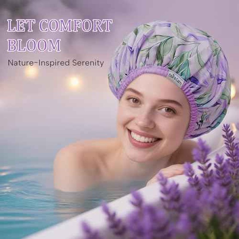 Years calm Shower Caps for Women Reusable Waterproof ? Double Layer Elastic Cap with Tropical Botanical Print Shower Cap for Shower, Spa, Travel, Bath & Daily Hair Protection