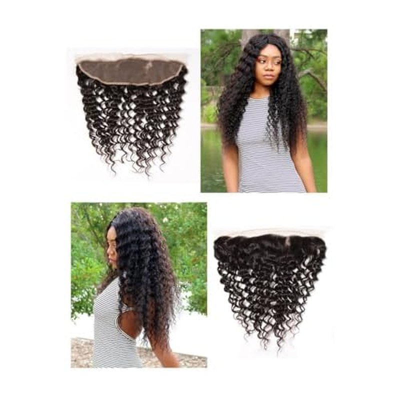 13x4 HD Lace Frontal Closure Deep Wave 18 Inch Ear To Ear Frontal Free Part Closure with Baby Hair Brazilian Virgin Curly Human Hair for Women Pre Plucked Frontals Closure Natural Black