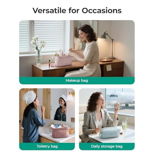 BAGSMART Makeup Bag Travel Toiletry Bag, Puffy Padded Make Up Bags for Women Makeup Organizer Case, Wide-open Pouch Purse Travel Essentials Toiletries Accessories Brushes, Pink