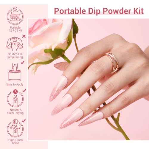 AZUREBEAUTY Dip Powder Nail Kit,4 Colors Nude Pink Glitter Hues,Starter Set for French Nails & All Seasons,Includes Base Coat, Top Coat, Activator & DIY Salon Liquids