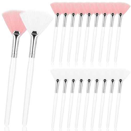 Ouligay 20 Pcs Facial Brushes Esthetician, Soft Fan Brush for Women Girls, Face Mask Brush Applicator for Mud Cream, Makeup Women Cosmetic Tools (Pink White)